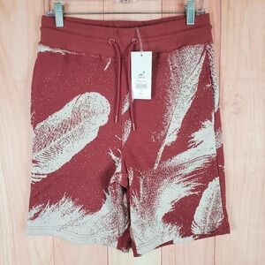 Staple Pigeon Shorts Mens XS Burgundy Gray Feather Print Terry Cotton Drawstring